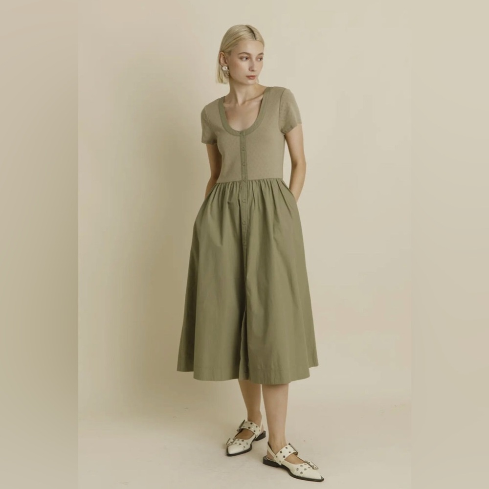 AUREUM Pointelle Knit Shirt Midi Dress Olive Green‎ Size Medium Cottagecore
